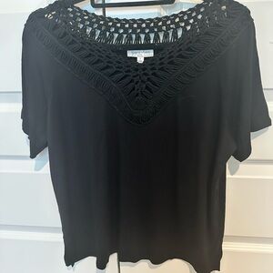Grace & Lace Black Crochet V-Neck Short Sleeve Top